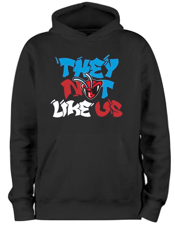 Black hoodie with graphic text and logo on a white background