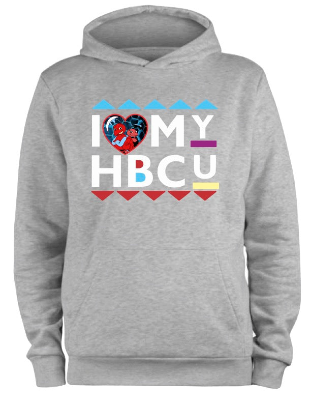 Gray hoodie with 'I ❤️ MY HBCU' text and heart design on a white background