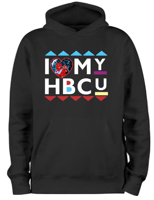 Black hoodie with 'I love my HBCU' text and heart design on a white background